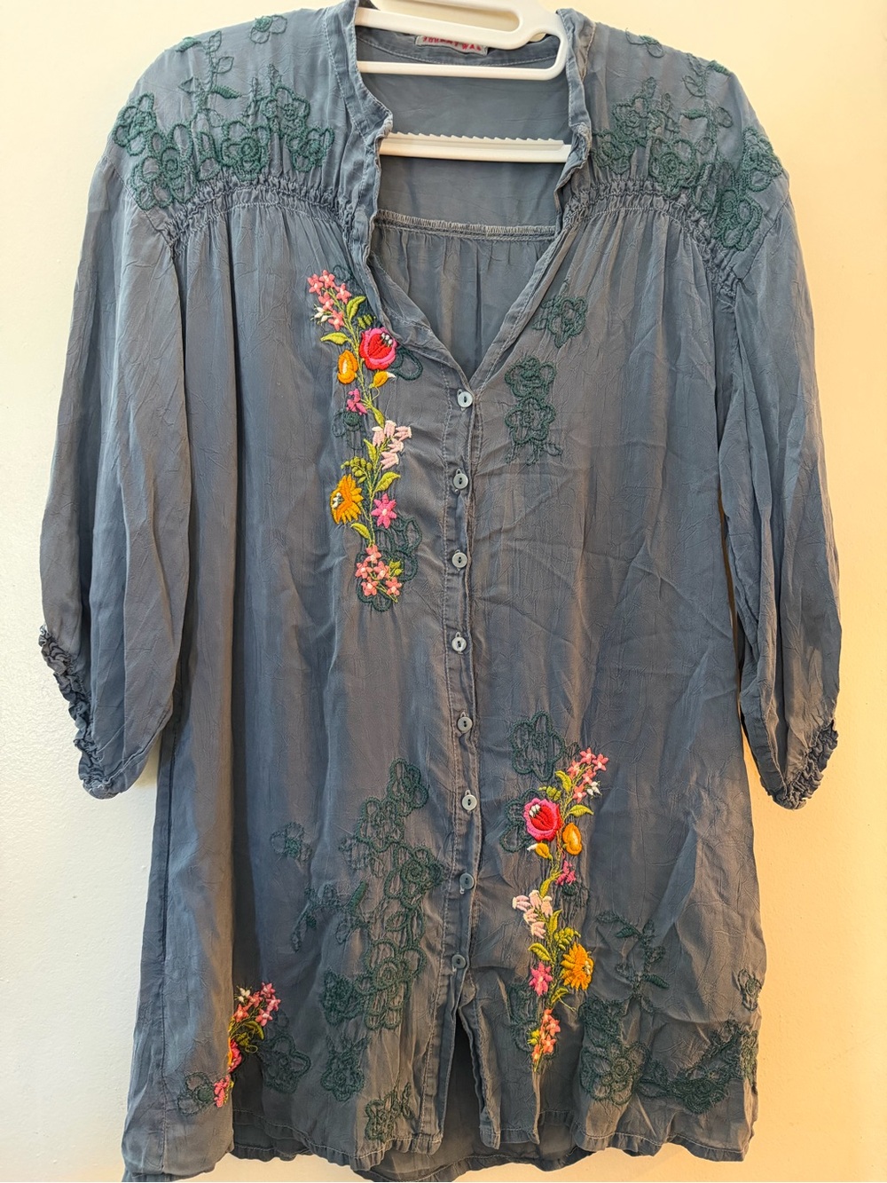 Johnny Was Gray Embroidered Boho Peasant Blouse Tunic Top xsmall